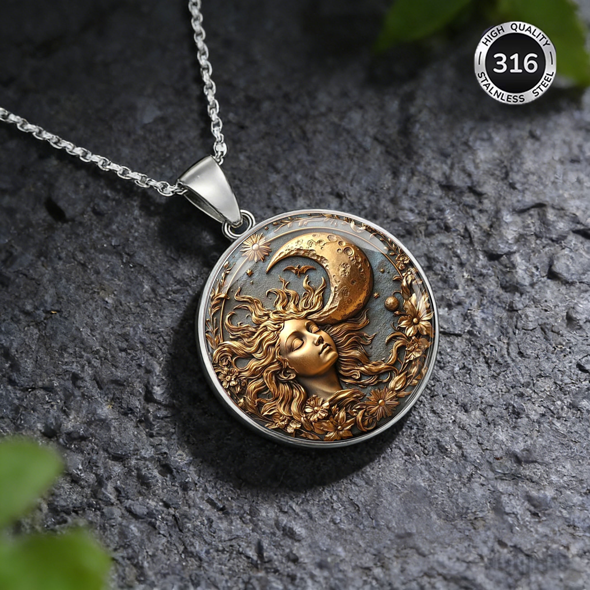 Retro Sun Goddess and Crescent Pendant Necklace